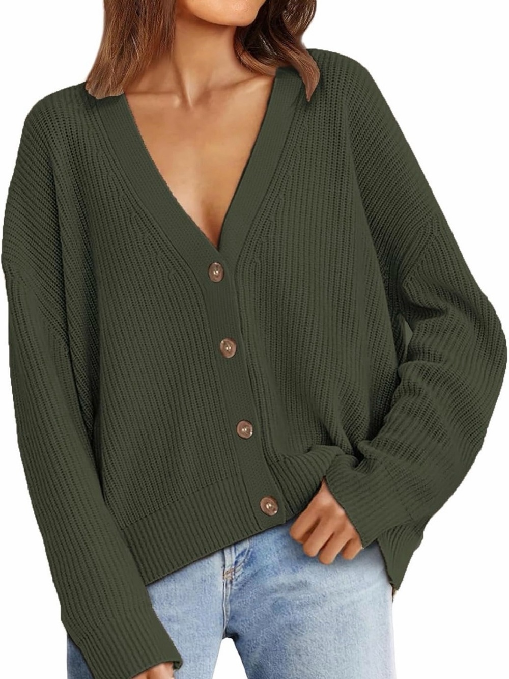 Amazon Essentials Olive Green V-Neck Button Front Cardigan